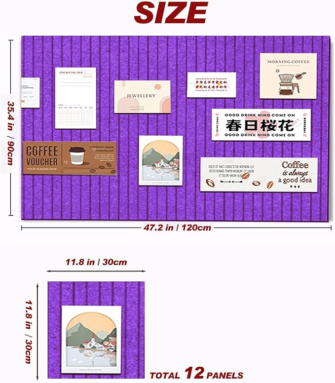 Large Felt Wall Tiles Cork Boards for Office Cubicle, 47"x35" Felt Photo Board Bulletin Tiles Pin Board for Walls Home Decor, Noise Reduction Boards Panels Fors Notes Memos, 12-Pack, Purple