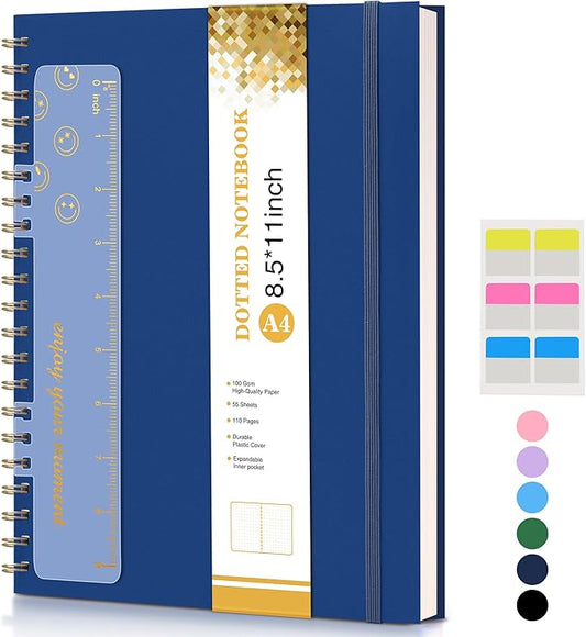 UEBZFOCS Dotted Notebook, Spiral Notebook Journal 8.5” x 11”, A4 Large Dot Grid Notebooks for Women Men, 100 GSM Dotted Paper, Plastic Hardcover Spiral Bullet Journals for Work School Sketching, Navy