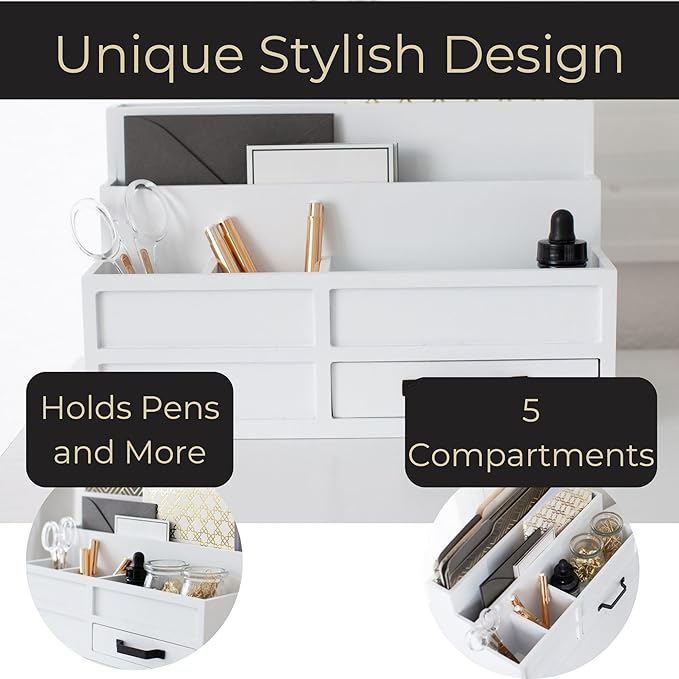 BLU MONACO | White Desktop Organizer with Drawer Storage | Tabletop Organizer with Drawers for Paper Bills Mail | Wooden Mail Organizer for Countertop Workspace | with Drawer, Bill