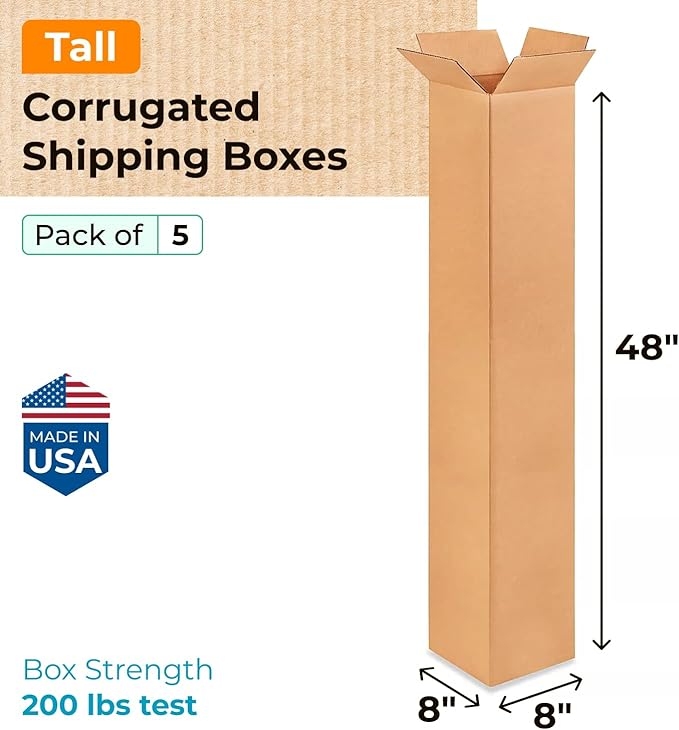 IDL Packaging 5-Pack Tall Shipping Boxes - 8 x 8 x 48 Inches, Extra Strength 200 lb vs Regular Box - Corrugated Durable Moving Boxes for Packing and Delivery