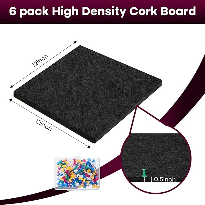 Bouiexye Felt Cork Board Tiles 6 Pack Black Bulletin Boards 12"x12" - 1/2" Thick Corkboards for Wall Bulletin Board Self Adhesive with 100 Push Pins for Wall School Home Office