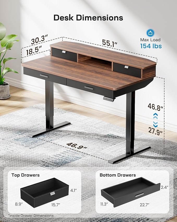 HUANUO 55 x 30 inch Electric Standing Desk with Wood Drawers, Adjustable Height Sit Stand Home Office Desk with Two Tiers, Ergonomic Adjustable Stand up Desk C-Clamp Monitor Mount Compatible, Walnut