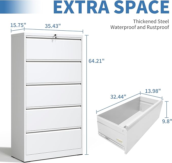 FLIXELIO 5 Drawer Metal Office Storage Filing Cabinet with Lock, White Lateral File Cabinet for Home Office, Horizontal Locking for Legal/Letter/A4, Assembly Required