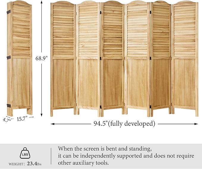 Room Dividers, 5.75Ft Individual Privacy Screens Foldable Wooden Louver & MDF Stable Wall Divider for Home Office Bedroom, 6 Panels (Natural)