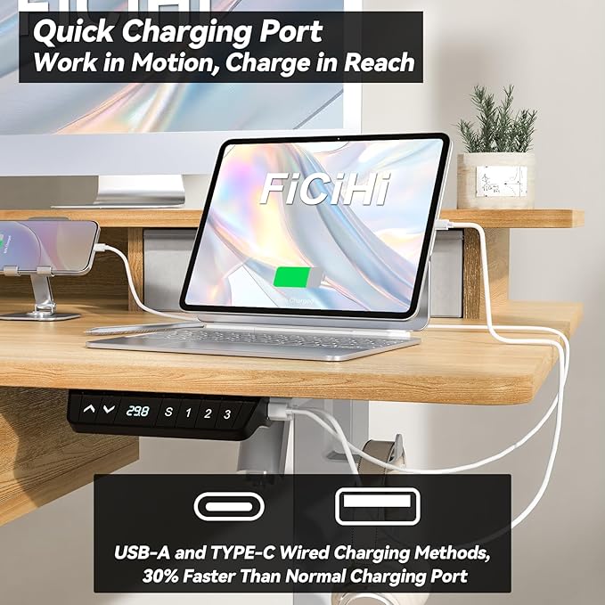 FiCiHi Adjustable Height Standing Desk with 4 Drawers,48 x 30 inches Electric Sit Stand Home Office Desk with Two Tiers, 3 Memory Presets, Monitor Stand Riser, USB A/C Charging Port