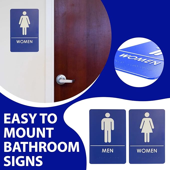 USA Made - Men's and Women's Restroom Signs ADA-Compliant Bathroom Door Signs for Offices, Businesses, and Restaurants, Black, Blue, Grey and Taupe/Tan Colors (Blue)