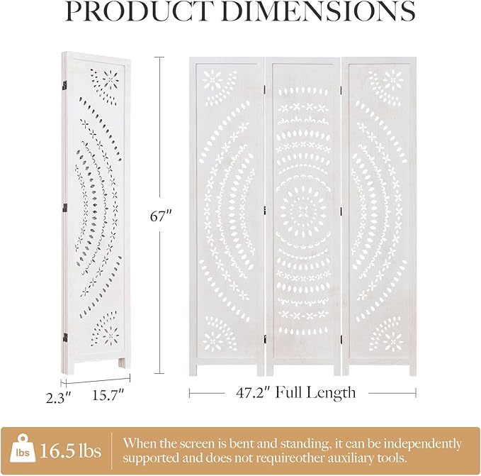 66.9Inch Folding Room Divider, 3 Panels Wood Carved Privacy Screens, Free Assembled Freestanding Partition for Home Office Restaurant Bedroom (White-Washed)