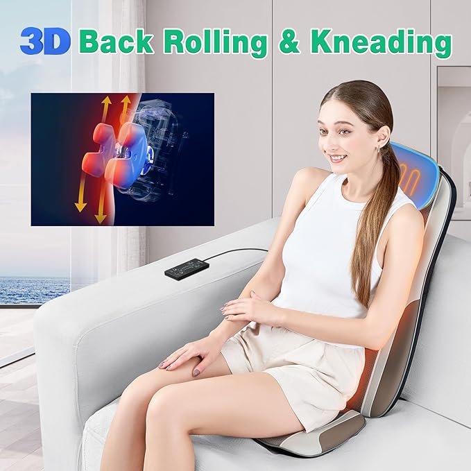 comrelax Shiatsu Back Massager with Heat, Massage Chair Pad Seat Cushion for Stress Relief, Deep Tissue Kneading & Roller, 2 Vibration Motors, Back Waist Hip Massager, PU Leather, with 2 Adapters