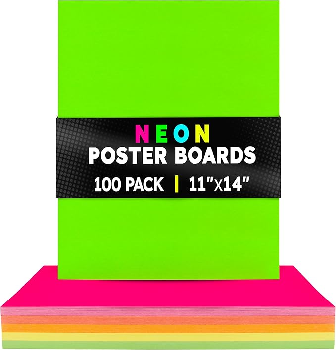 Hygloss Medium Poster Board 11x14 - 100 Assorted Neon Color Poster Boards Bulk Pack - 10 Pt. Thickness Colored Poster Board Paper for Projects, Signs, Displays - Posterboard Multipack 11" x 14"