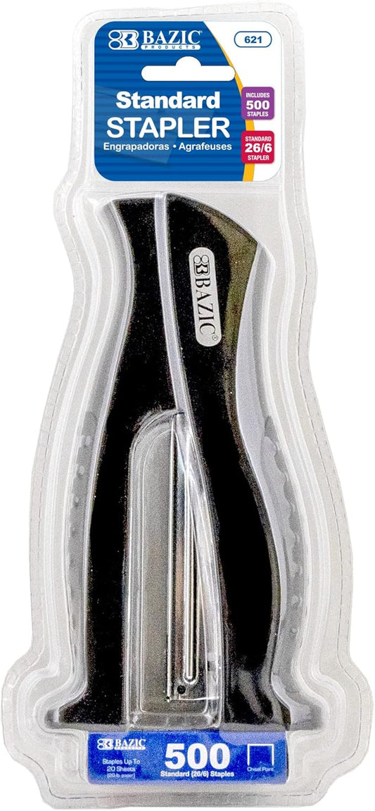 BAZIC Products Stand-Up Stapler w/500 Staples, Full Strip Size Standard (26/6), Black Durable Desktop Staplers for Home Office School, 1-Pack