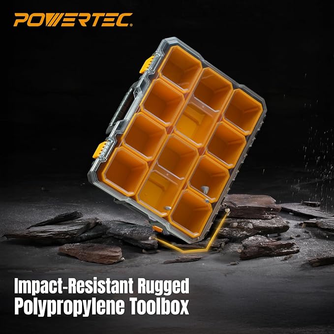 POWERTEC Small Parts Organizer & Tool Box – 10 Compartments, IP65 Water & Dust Protection, Stackable Storage with Interlocking Latch, Removable Tray, Clear Lid, Portable Design (72365)