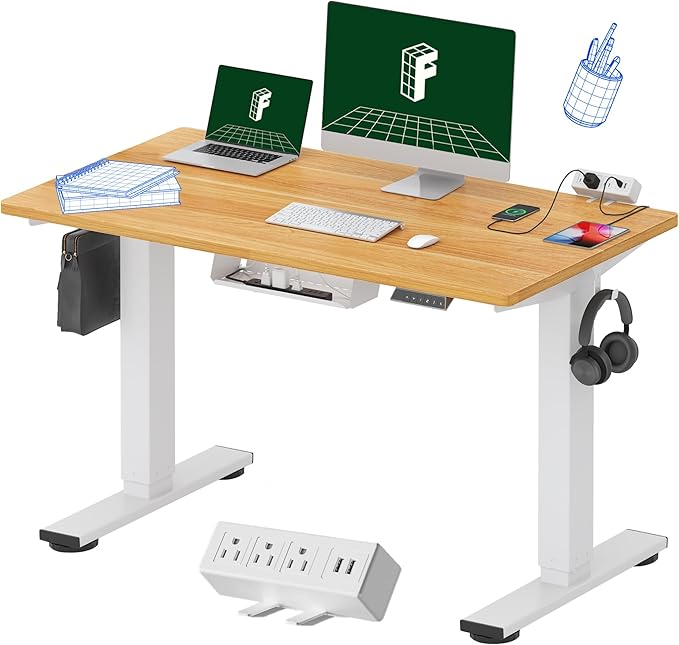 FLEXISPOT EN2 Whole-Piece Standing Desk with Clamp Power Strip, 48 x 24 Electric Height Adjustable Desk with Cable Management (White Frame + 48" Maple Top)