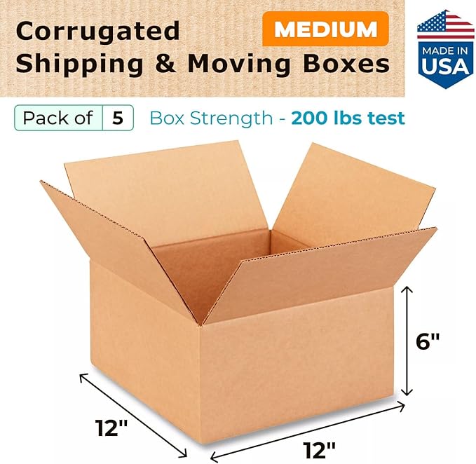 Medium Moving & Shipping Boxes 12 x 12 x 6 inches (5-Pack) - Extra Strength 200 lb vs Regular - Corrugated Packing Boxes for Moving Medium Volume - Box for Shipping by IDL Packaging