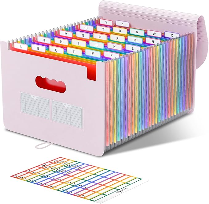 ABC life 26-Pocket Accordion File Organizer, Expanding File Folder, Letter/A4 Size Plastic Monthly Bill & Tax Receipt Holder with A-Z Tabs for Home, Office, Classroom - Pinkish Purple