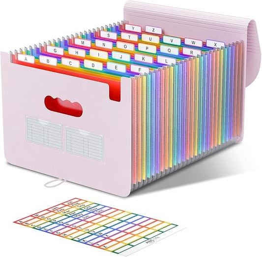 ABC life 26-Pocket Accordion File Organizer, Expanding File Folder, Letter/A4 Size Plastic Monthly Bill & Tax Receipt Holder with A-Z Tabs for Home, Office, Classroom - Pinkish Purple