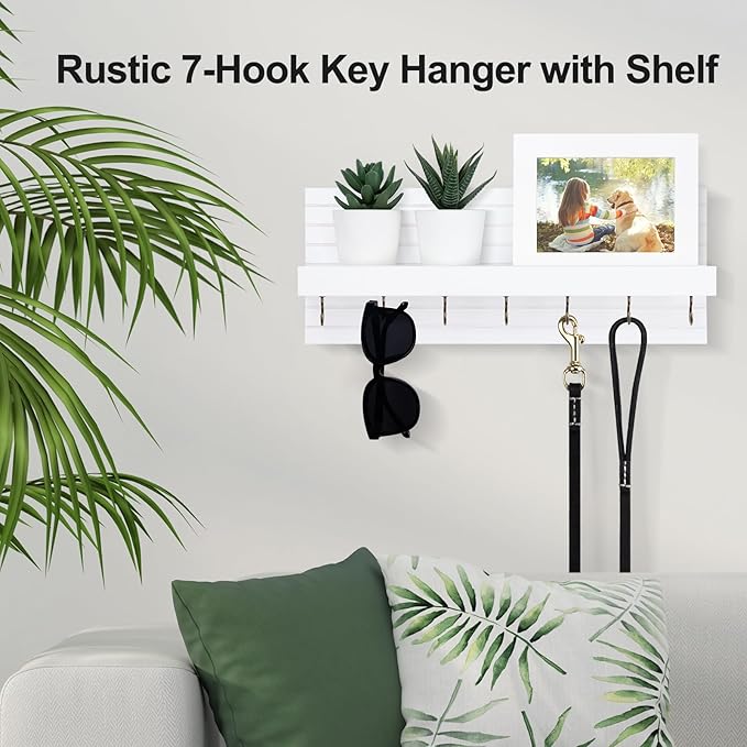 Lwenki Decorative Key Holder for Wall with Shelf, Entryway Shelf with Hooks Holds Leashes, Jackets and Glasses – Sturdy Wood Keyholder Entrance Hanger with Mounting Hardware (White, Large)