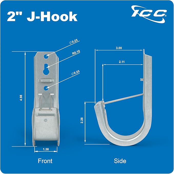 ICC 2-Inch Wall Mount J-Hook – 25-Pack, Cable Support Hooks with Retainer Clips, Galvanized Steel with Zinc Finish – for Structured Cabling and Cable Management