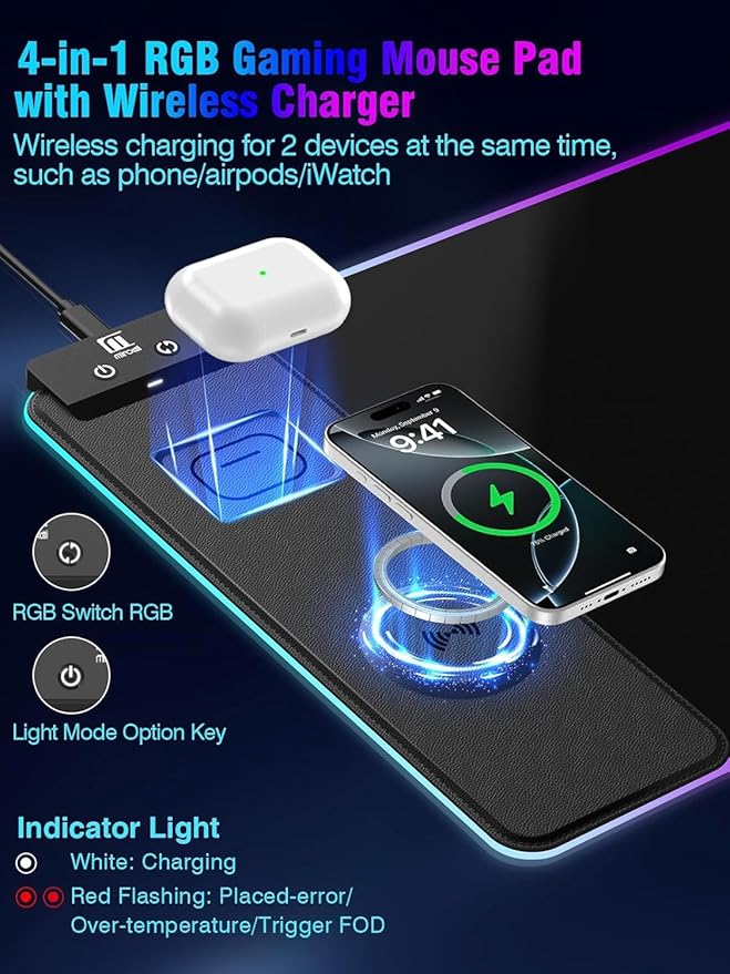 Mouse Pad with Magnetic Wireless Charging, Large Desk Pad Protector, RGB Black Mousepad Desk Mat with 15W Fast Charger, 4mm Thick Non-Slip, Waterproof Laptop Writing Pad for Office, Home, Gaming