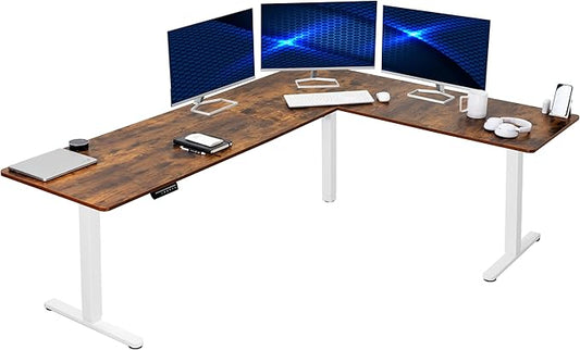 VIVO Electric Corner 84 x 63 inch L-Shaped Standing Desk, Memory Height Adjustment, Rustic Vintage Brown Top White Frame, DESK-E3CTWN-84