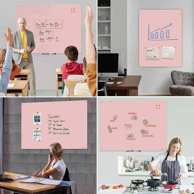 TSJ OFFICE Glass Dry-Erase Board - 48 x 32 Inches Wall Mounted Glass Whiteboard, Large Frameless Magnetic White Board for Office, Home & School, Pink
