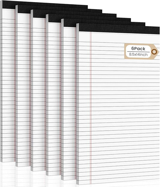 Legal Pads 8.5 x 14 Note Pads, 6 Pack Writing Pads Wide Ruled Notepads, Micro Perforated Notepad, Double-Side Printed Lined Paper Pads 30 Sheets per Notepad, White Legal Pads for Home, Office, School