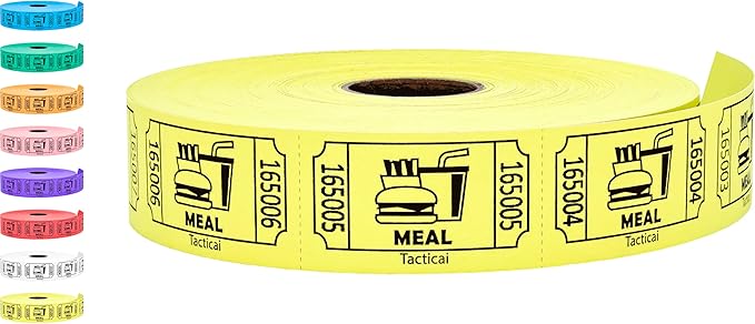 Tacticai 1000 Raffle Tickets, Meal, Yellow (1 of 8 Colors), Single Roll, Ticket for Events, Food, Class Reward, Fundraiser & Prizes