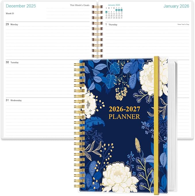 2026-2027 Planner - 18 Months Weekly & Monthly Planner from January 2026 - June 2027, Spiral Notebook 2026-2027 with Elastic Closure, Inner Pocket, Medium 5.8" x 8.3", Blue Leaf Flower