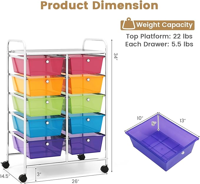 HAPPYGRILL 10-Drawer Rolling Storage Cart, Storage Organizer Cart with Lockable Wheels, Beauty Salon Movable Utility Cart for School, Office, Home, (Clear Colorful)