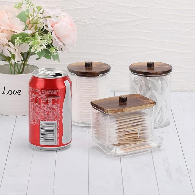 Tbestmax Bathroom Organizer Accessories Set-10 OZ Qtips Holder Storage with Wood Lids, Cotton Ball/Swabs Dispenser, Apothecary Container Jar 3 Pcs