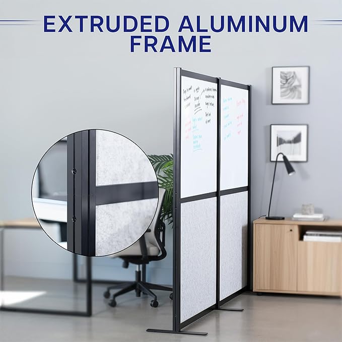 VIVO Modular Wall System, 2 PET and Whiteboard Panels, Professional Office Cubicle Dividers, Freestanding Privacy-Screen, 66 inches High, White and Light Gray, Black Frame, PP-MWS63B-WB