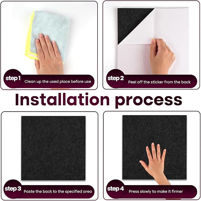 Bouiexye Felt Cork Board Tiles 6 Pack Black Bulletin Boards 12"x12" - 1/2" Thick Corkboards for Wall Bulletin Board Self Adhesive with 100 Push Pins for Wall School Home Office