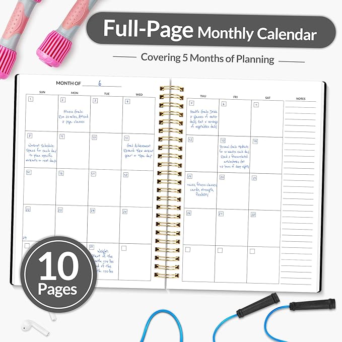 Fitness Journal Workout Planner for Women & Men, A5 (6.4" x 8.3") Workout Journal Log Book Planner Gift for Track Gym Essentials, Home Workouts, Track Progress, Achieve Wellness Goals, Black