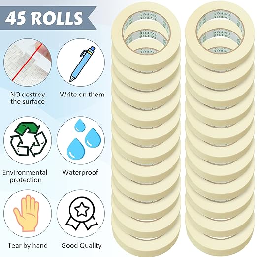 Fainne Masking Tape Bulk General Purpose Masking Painting Tape 55 Yards for Painting Home Office School Stationery Arts Crafts Basic Use, Easy Removal(45 Rolls,0.8 Inch)