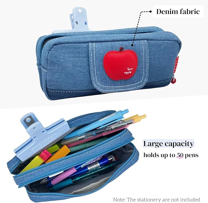 Haumei Canvas Pencil Case Large Capacity, Big Denim Pen Pouch with Zipper, Cute Durable Portable Stationary Storage Bag Organizer for Adults Women, Light Blue, Apple