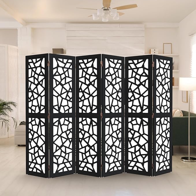 VINGLI 70'' H Room Divider, Non-Woven Fabric Privacy Screen, Indoor Partition Wall Dividers, Freestanding Hinged Space Separator with Modern Unique Pattern (Black, 6 Panel)