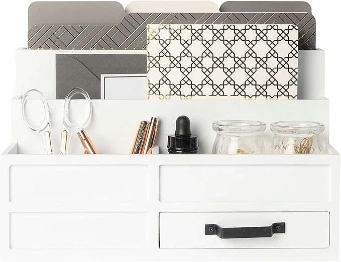 BLU MONACO | White Desktop Organizer with Drawer Storage | Tabletop Organizer with Drawers for Paper Bills Mail | Wooden Mail Organizer for Countertop Workspace | with Drawer, Bill
