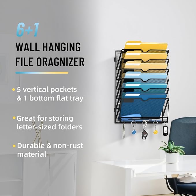SUPEASY 7-Tier Mesh Wall File Holder, Hanging Wall File Organizer, Office Organization for Papers, Mails, Folders, Files Clipboard Magazine Rack, Black
