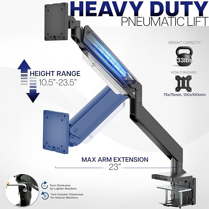 VIVO Premium Aluminum Heavy Duty Monitor Arm with 3.0 USB Ports, Fits Ultrawide Monitors up to 49 inches and 33 lbs, Single Desk Mount Stand, Pneumatic Height, Max VESA 100x100, Black, STAND-V101G1U