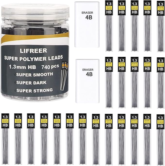Lifreer 1.3mm Unbreakable Pencil Refills (740 Pcs), 2 Premium Erasers, Long Lasting HB Pencil Lead for Students & Professionals