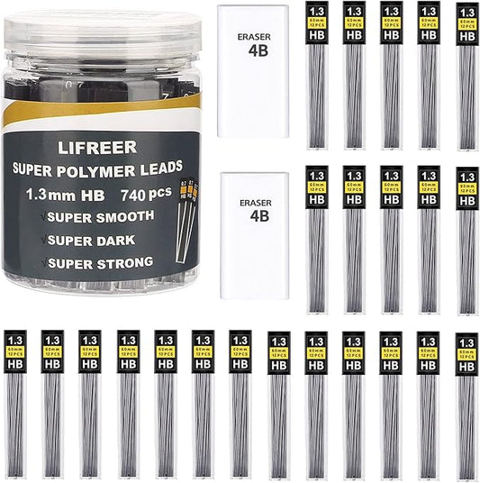 Lifreer 1.3mm Unbreakable Pencil Refills (740 Pcs), 2 Premium Erasers, Long Lasting HB Pencil Lead for Students & Professionals
