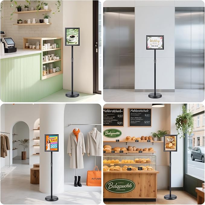 RedChili 2 Pack Sign Holder Stand 8.5x11 Inch, Adjustable Floor Standing Sign Holder Signage Stand with Aluminum Snap-Open Frame Vertical Horizontal View Display For Malls Schools Restaurants (Black, Sharp Corner)