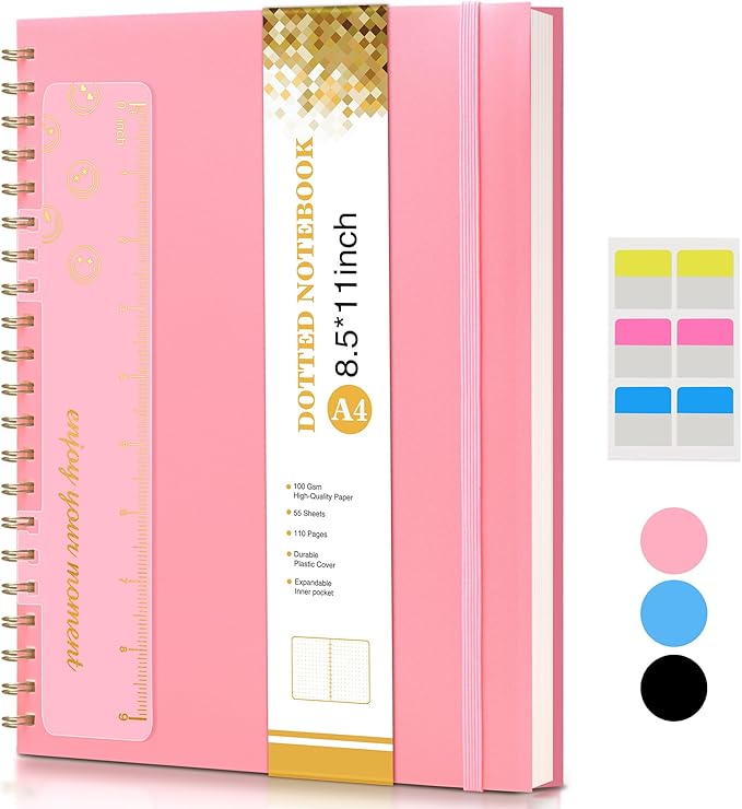 UEBZFOCS Dotted Notebook, Spiral Notebook Journal 8.5” x 11”, A4 Large Dot Grid Notebooks for Women Men, 100 GSM Dotted Paper, Plastic Hardcover Spiral Bullet Journals for Work School Sketching, Pink