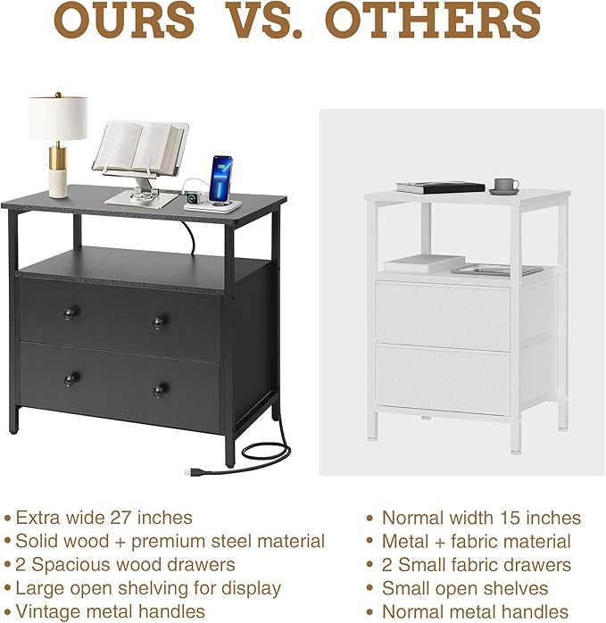 Edbuosy 27 inch Wide Night Stand Set 2 with Charging Station, Bedside Table with Open Shelf, 2 Drawers Small Wood Dresser, Modern Wood Nightstand for Bedroom/Living Room (Black)