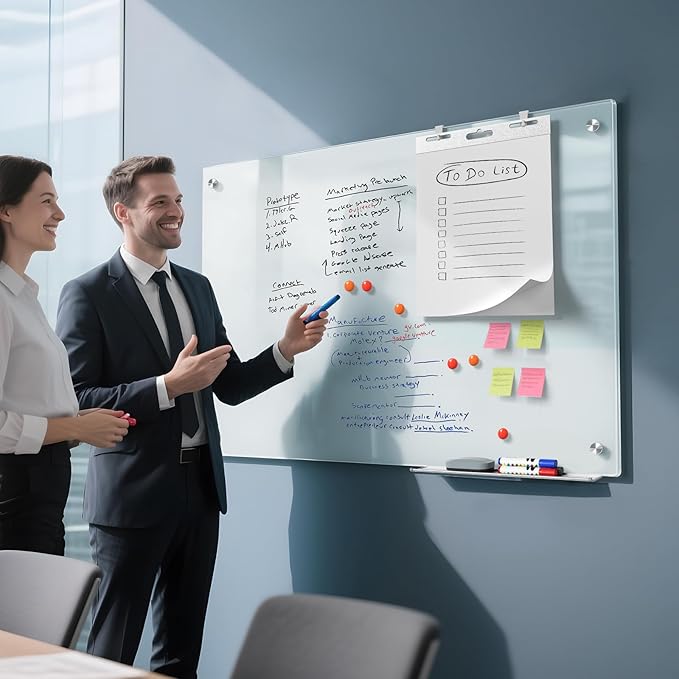 MaxGear Glass Whiteboard, Tempered Magnetic Dry Erase Board 48 x 30 Inch, Frameless Wall Mounted, Office Classroom Conference Room Home Use, Includes Markers, Eraser, Magnets & Mounting Kit