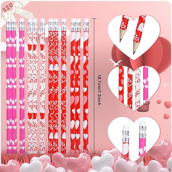 emzrivo 120 PCS Valentines Pencils Bulk Valentines Wood Pencils with Erasers Holiday Pencils for Classroom, 4 Style