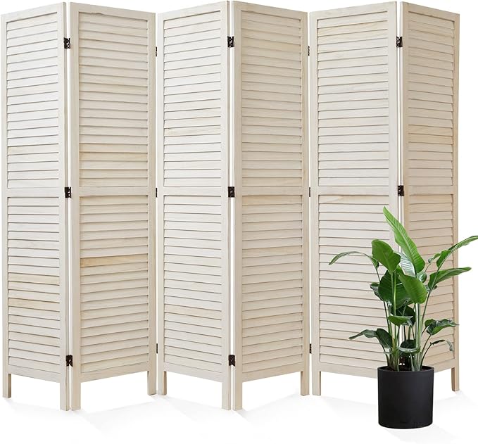 Room Dividers and Folding Privacy Screens, Wood Louvered Separators Divider Wall for Home Office Bedroom - 6 Panels, 67 * 90inch (White-Washed)