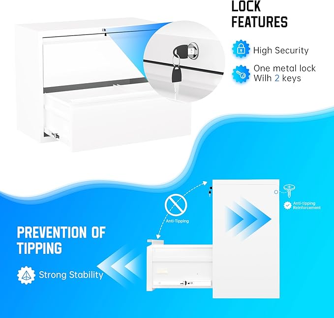 Greenvelly 2 Drawer File Cabinet, Metal Filing Cabinet with Lock, White Lateral File Cabinet for Home Office, Locking File Cabinet for Letter/Legal/F4/A4 Size Hanging Files, Easy Assembly