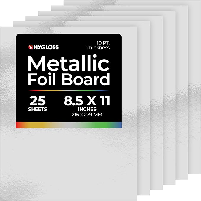 Hygloss Metallic Cardstock Sheets – 25 Shiny Silver Sheets, 8.5” x 11” - Sturdy 10 pt. – Metallic Foil Board Paper for Crafts, Scrapbooking, Posters & Decorations