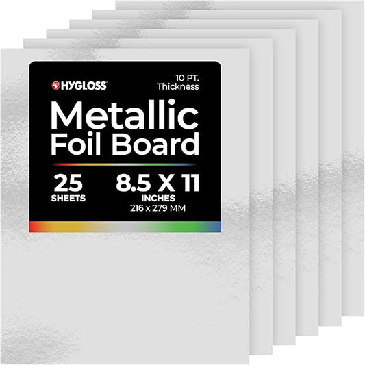 Hygloss Metallic Cardstock Sheets – 25 Shiny Silver Sheets, 8.5” x 11” - Sturdy 10 pt. – Metallic Foil Board Paper for Crafts, Scrapbooking, Posters & Decorations