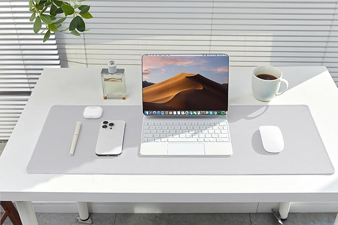 ALOANES Silvery Waterproof Desk Mat, Large Mouse Pad with Extended Mouse Mat, with Anti Slip Base, Stitched Edge, Grain Jacquard Surface, Perfect for Gamer, Office & Home, 11.81''x31.50''x0.12''